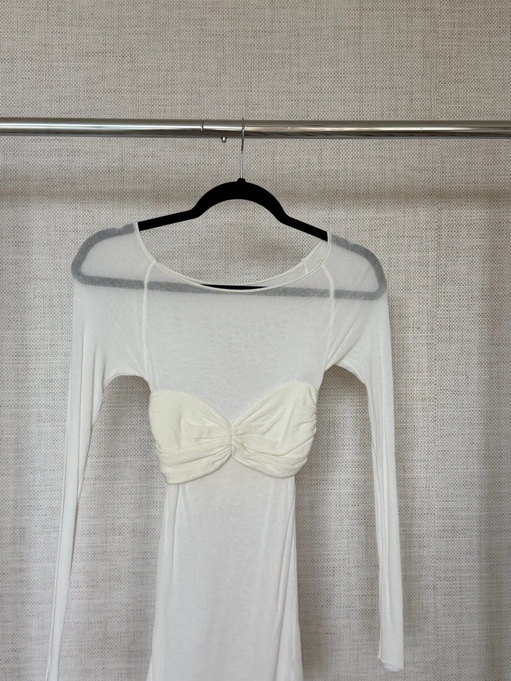 Ivory Long Sleeve Sheer Bodysuit with Twist Front
